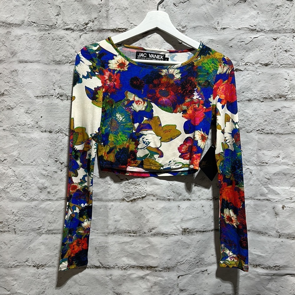 Jac Vanek Colorful Floral Long Sleeve Crop Top Size Medium